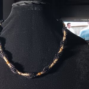Handcrafted Black and Gold Beaded Twist Necklace - Women Jewelry